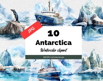 Watercolor Antarctica clipart, 10 High quality JPG, Commercial use, Instant download, South Pole, Vacation, Adventure, Travel, Ship, Iceberg