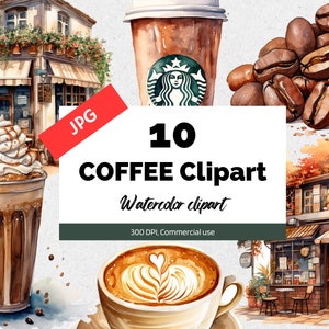 Imágenes prediseñadas de café de acuarela, 10 JPG de alta calidad, café Expresso, granos de café, uso comercial, descarga instantánea, Starbucks, creación de tarjetas