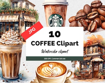 Watercolor coffee clipart, 10 High quality JPGs, Expresso coffee, Coffee beans, Commercial use, Instant download, Starbucks, Card making