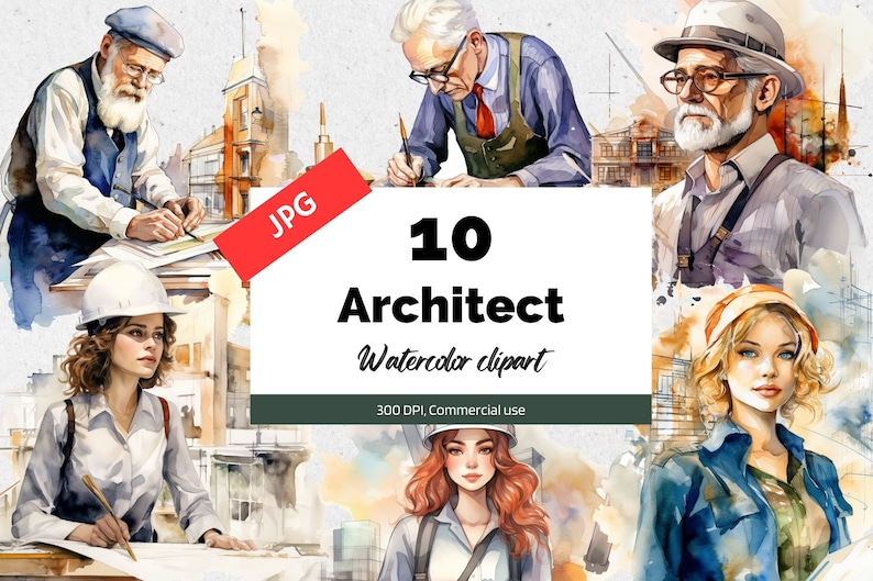 Może przedstawiać: Zestaw 10 akwarelowych ilustracji architekt&oacute;w. Ilustracje są w realistycznym stylu i przedstawiają osoby w r&oacute;żnym wieku i płci. Ilustracje idealnie nadają się do wykorzystania w projektach graficznych, na stronach internetowych lub w mediach społecznościowych.