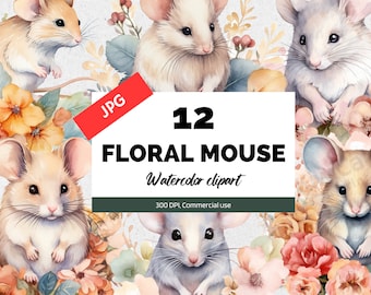 Watercolor cute mouse clipart, 12 High quality JPGs, Nursery wall art, card making, digital paper craft, Commercial use, Instant download
