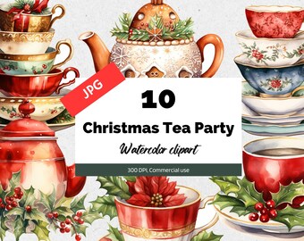 Christmas Tea party clipart, 10 High quality JPGs, Commercial use, Instant download, Garden tea set, Winter holiday, Merry Christmas, Cards