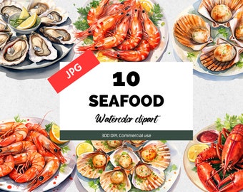 Imágenes prediseñadas de mariscos de acuarela, 10 JPG de alta calidad, Uso comercial, Descarga instantánea, Imágenes prediseñadas de alimentos, Ostra, Camarones, Langosta, Mariscos