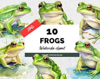 Watercolor green frogs clipart, 10 High quality JPGs, Commercial use, Instant download, Card making, Scrapbooking, Digital paper craft