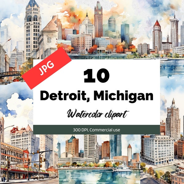 Detroit, Michigan clipart, 10 High quality JPG, Commercial use, Instant download, Card making, USA, city, cities, Cityscape, American cities