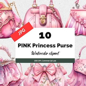 Aquarell rosa Prinzessin Geldbörse Clipart, 10 hochwertige JPGs, kommerzielle Nutzung, Sofort-Download, Handtasche, magische Fantasy-Prinzessin, Barbie