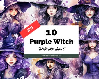 Watercolor purple witch clipart,  10 High quality JPGs, Commercial use, Instant download, Fantasy witches, Mystical magical, Halloween art