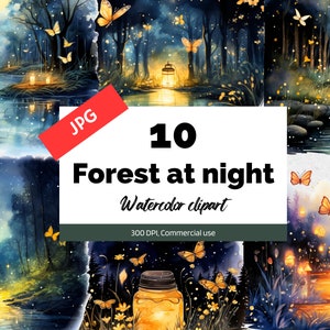 Watercolor forest at night clipart, 10 High quality JPGs, Commercial use, Instant download, Card making, Fantasy clip arts, Fireflies