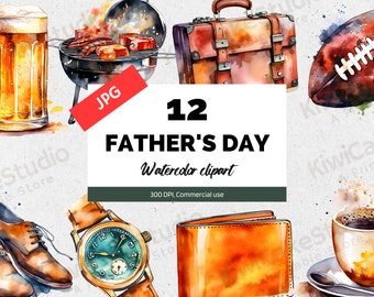 Clipart acquerello per la festa del papà, JPG, Alta qualità, Licenza commerciale, Download digitale, Buona festa del papà, Calcio, Barbecue, Birra