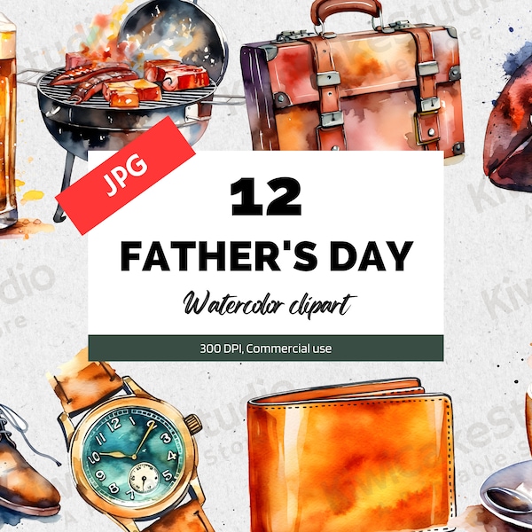 Watercolor Father's Day Clipart, JPG, High quality, Commercial License, Digital Download, Happy Fathers Day, Football, Barbeque, Beer