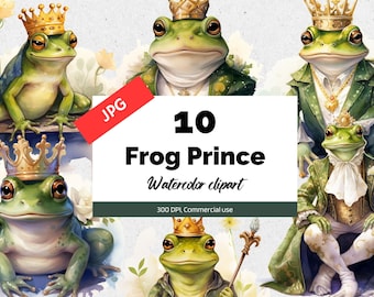 Clipart del principe ranocchio dell'acquerello, 10 JPG di alta qualità, Uso commerciale, Download istantaneo, Favola, Principessa rana, Principe dell'acquerello, Corona