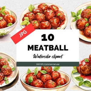 Clipart de almôndegas em aquarela, 10 JPGs de alta qualidade, uso comercial, download instantâneo, clipart de comida, culinária italiana, scrapbooking de comida