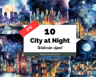 Aquarell Stadt bei Nacht Clipart, 10 hochwertige JPGs, kommerzielle Nutzung, Sofortiger Download, Kartenherstellung, Grußkarte, Postkarten, Scrapbook