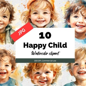 Imágenes prediseñadas de niño feliz acuarela, 10 JPG de alta calidad, Uso comercial, Descarga instantánea, Fabricación de tarjetas, Tarjeta de felicitación, Postales, Felicidad