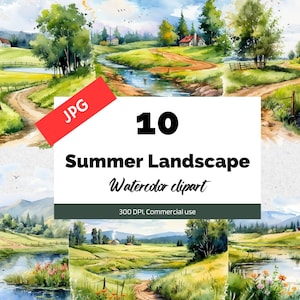 Sommer Landschaft Clipart, 10 Hochwertige JPG, Kommerzielle Nutzung, Sofortiger Download, Kiefernwald, Wildblumen, Sommer Hintergrund, Outdoor Natur