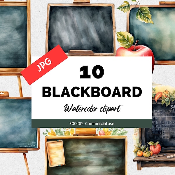 Watercolor blackboard clipart, 10 High quality JPGs, Commercial use, Instant download, Back to school, Teachers, Students, Class, Learning