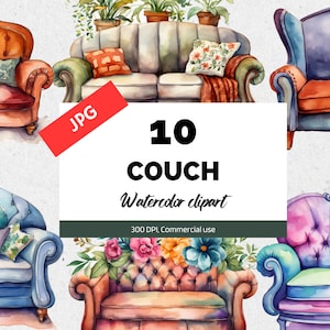 Aquarell Couch Clipart, Hochwertige JPG, Wohnzimmer, Lounge, Schlafen, Scrapbook Grafik, Möbel, Kommerzielle Nutzung, Digitaler Download