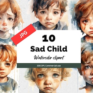 Imágenes prediseñadas de niños tristes de acuarela, 10 JPG de alta calidad, Uso comercial, Descarga instantánea, Abuso doméstico, Personas sin hogar, Guerra, Tristeza, Llanto