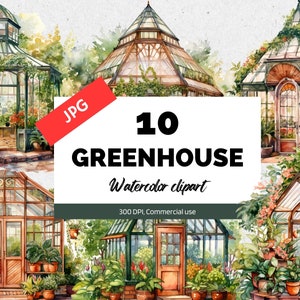 Clipart de gazebo de estufa em aquarela, 10 JPG de alta qualidade, uso comercial, download instantâneo, pavilhão de jardim de fadas, jardinagem, vasos de plantas