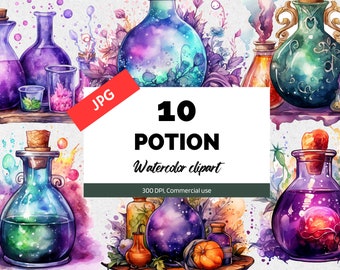 10 imágenes prediseñadas de poción de acuarela, JPG de alta calidad, imágenes prediseñadas de brujas, imágenes prediseñadas de fantasía, Halloween, magos, brujas mágicas, uso comercial