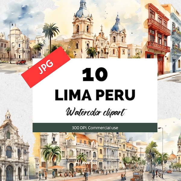 Watercolor Lima, Peru clipart, 10 High quality JPGs, Commercial use, Instant download, City, South America, Greeting cards, Card making