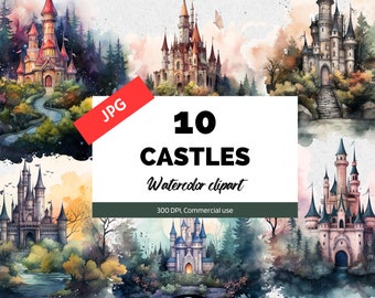 Aquarel kastelen clipart, 10 JPG's van hoge kwaliteit, Kaart maken, Fantasy illustraties, Mystiek schattig, Plakboekafbeeldingen, Commercieel gebruik, Verhalenboeken