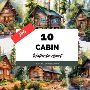 Watercolor cabin clipart,  10 High quality JPGs, Commercial use, Instant download, Forest, Nature, Camping, Stream, Trees, Card making craft