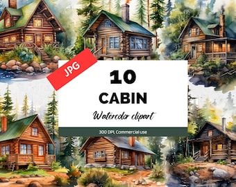 Imágenes prediseñadas de cabaña de acuarela, 10 JPG de alta calidad, Uso comercial, Descarga instantánea, Bosque, Naturaleza, Camping, Arroyo, Árboles, Artesanía de fabricación de tarjetas