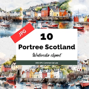 Aquarela Portree Scotland clipart, 10 JPGs de alta qualidade, uso comercial, download instantâneo, criação de cartões, cartões comemorativos, cartões postais, viagens
