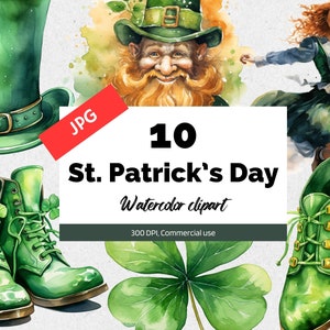 Clipart aquarelle de la Saint-Patrick, 10 fichiers JPG de haute qualité, licence commerciale, téléchargement immédiat, fabrication de cartes, lutin, trèfles à 4 feuilles