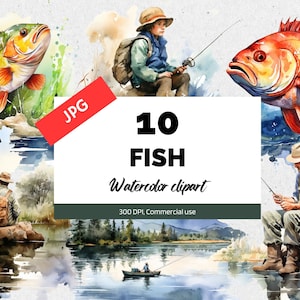 Clipart de pêche, 10 JPG de haute qualité, Utilisation commerciale, Téléchargement instantané, Fabrication de cartes, fête des pères, Papa, Hommes, Homme, poisson, Poissons, lac, nature