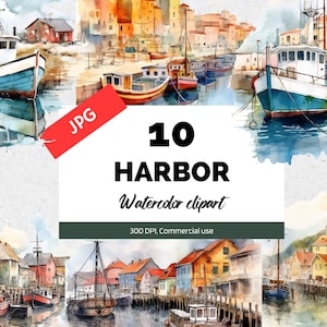 Clipart de port aquarelle, 10 JPG de haute qualité, Utilisation commerciale, Téléchargement instantané, Ville balnéaire, Lieu de vacances, Fabrication de cartes, Graphique de carte postale