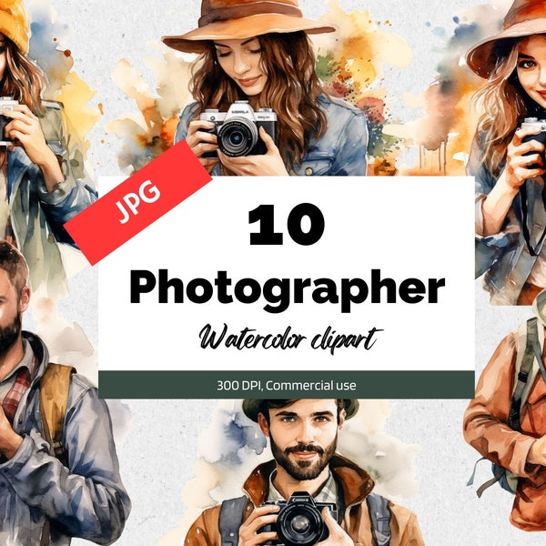 Watercolor photographer clipart, 10 High quality JPGs, Commercial use, Instant download, Wedding photographers, Service, Travel, Tourism