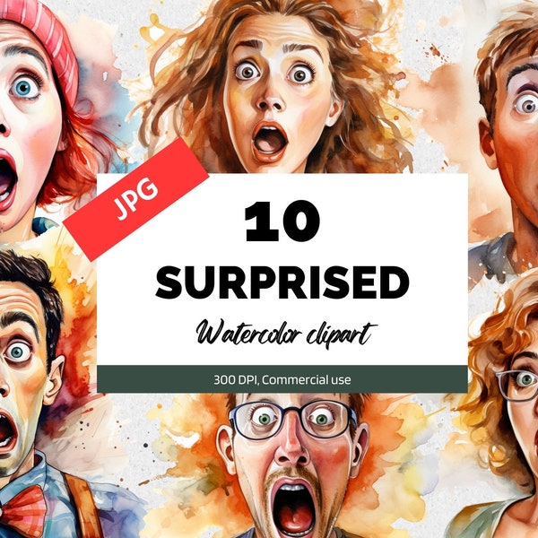 Watercolor surprised clipart, 10 High quality JPGs, Commercial use, Instant download, Emotion, Surprising, Birthday party, Sales, Marketing