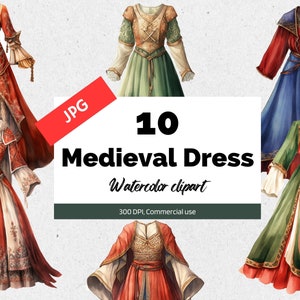 Watercolor medieval dress clipart, 10 High quality JPGs, Commercial use, Instant download, Medieval clothes, Medieval women outfits, Antique