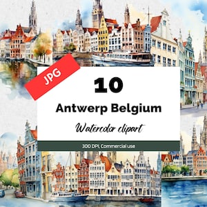 Clipart Anvers Belgique, 10 fichiers JPG de haute qualité, usage commercial, téléchargement immédiat, européen, ville, paysage urbain, villes, voyageur, belge, voyage