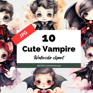 Aquarell Vampir Clipart, 10 hochwertige JPGs, kommerzielle Nutzung, sofortiger Download, Vampir Mädchen, Vampir Jungen, Kawaii, Halloween Grafiken