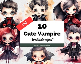 Watercolor vampire clipart, 10 High quality JPGs, Commercial use, Instant download, Vampire girls, Vampire boys, Kawaii, Halloween graphics