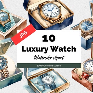 Clipart orologio di lusso ad acquerello, 10 JPG di alta qualità, Uso commerciale, Download istantaneo, Persone ricche, Ricco, Ricchezza, Rolex, Orologi, Soldi