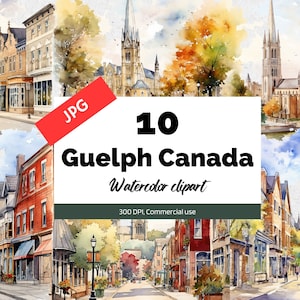 May include: A set of 10 watercolour illustrations of Guelph, Canada. The illustrations depict various scenes of the city, including buildings, streets, and trees. The illustrations are in a soft, muted colour palette and have a vintage feel.