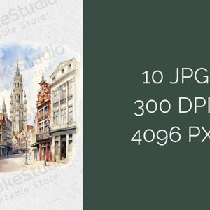 May include: Watercolor painting of a street scene in a European city. The buildings are tall and narrow, with red brick facades and white trim. The street is cobblestone and there are people walking on the sidewalk. A tall church tower is visible in the background.