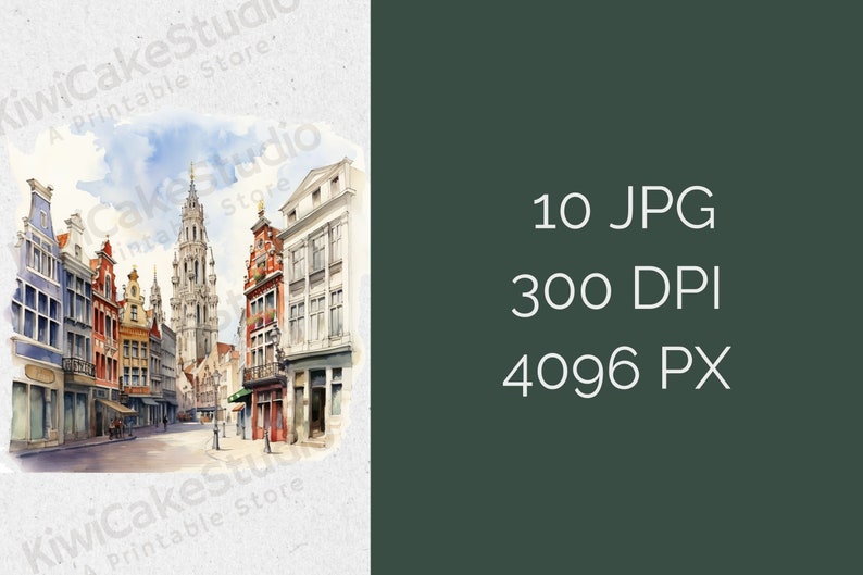 May include: Watercolor painting of a street scene in a European city. The buildings are tall and narrow, with red brick facades and white trim. The street is cobblestone and there are people walking on the sidewalk. A tall church tower is visible in the background.