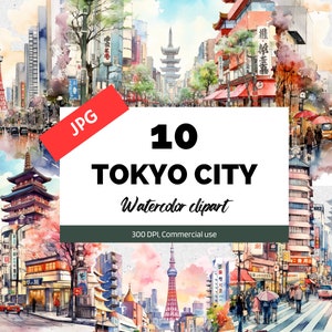 Watercolor Tokyo city clipart, 10 High quality JPGs, Card making, Invitation card, Japan travel, Summer vacation, Commercial use, Apparel