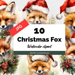 Clipart de renard de Noël, 10 JPG de haute qualité, Utilisation commerciale, Téléchargement instantané, Vacances festives, Saison de Noël, Joyeux Noël, Artisanat