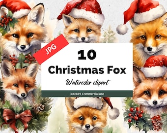 May include: Ten watercolor illustrations of foxes wearing Santa hats. The foxes are surrounded by holly, berries, and pine cones. The illustrations are perfect for Christmas crafts and decorations.