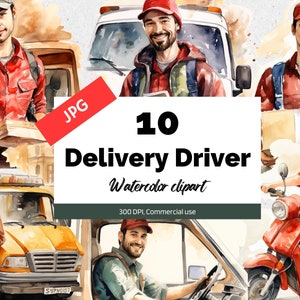 Puede incluir: Diez ilustraciones de acuarela de repartidores con camisas y gorras rojas. Los repartidores se representan entregando paquetes, conduciendo camiones y conduciendo un scooter. Las ilustraciones están sobre un fondo blanco con el texto "10 Delivery Driver Watercolor clipart 300 DPI, Commercial use".