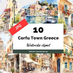 Clipart Corfu Town Grecia, 10 JPG di alta qualità, Uso commerciale, Download istantaneo, Creazione di cartoline, Greco, Città, Vacanze estive, Vacanze