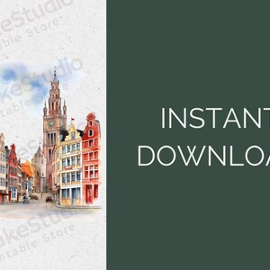May include: Watercolor painting of a European city street scene with colorful buildings and a tall clock tower. The buildings have red, yellow, and blue accents. The sky is blue with white clouds.