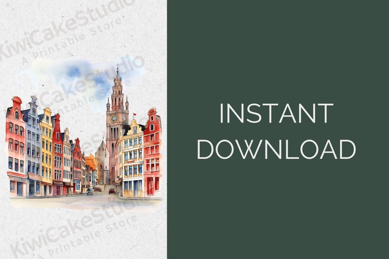 May include: Watercolor painting of a European city street scene with colorful buildings and a tall clock tower. The buildings have red, yellow, and blue accents. The sky is blue with white clouds.