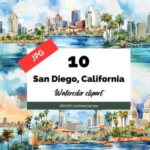 Clipart de aquarela San Diego Califórnia, 10 JPGs de alta qualidade, uso comercial, download instantâneo, criação de cartões, beira-mar, cidades, EUA, viagens